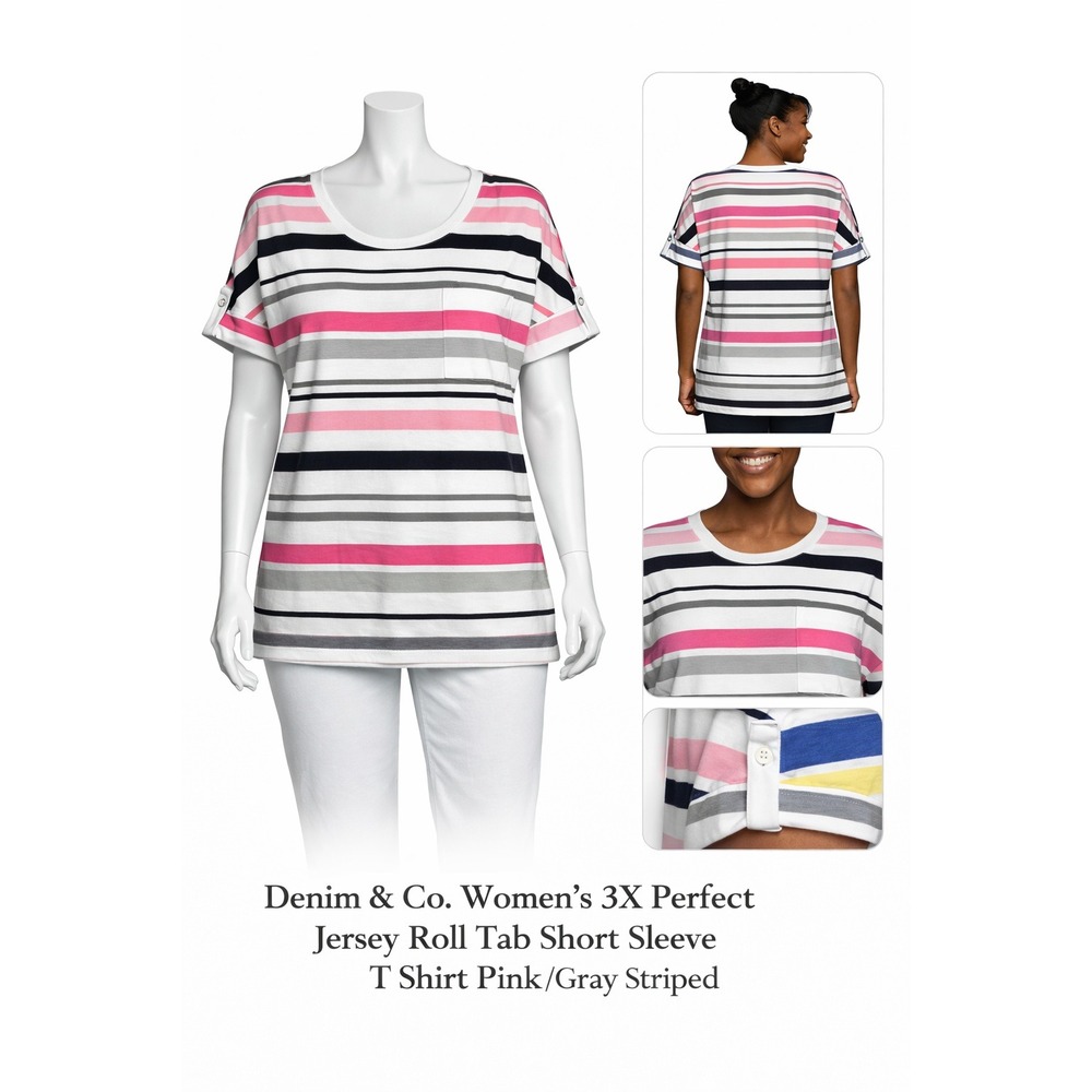 Denim &‎ Co Womens 3X Perfect Jersey Roll Tab Short Sleeve T Shirt Pink Striped